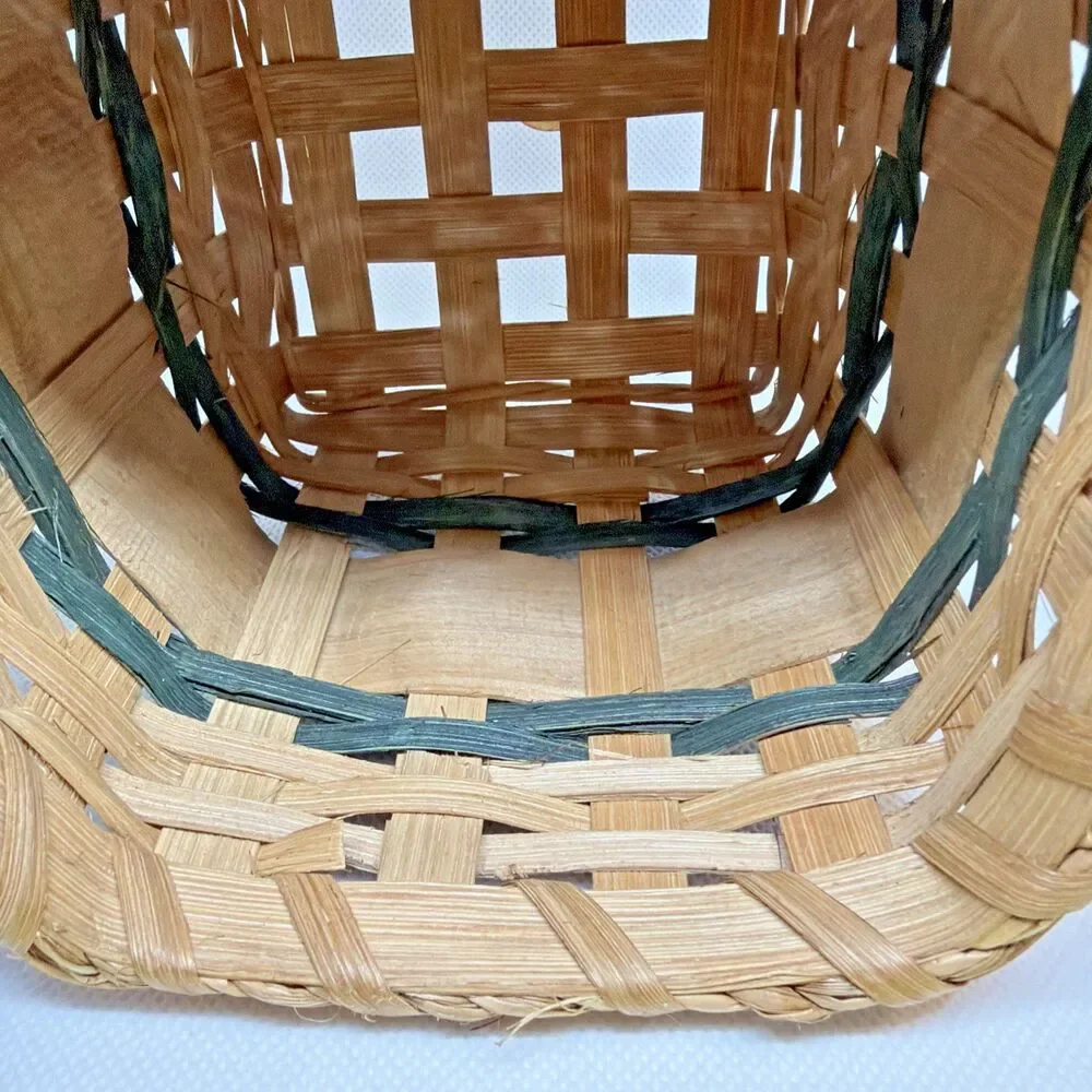 Vintage Hand-Woven Splint Wood Holiday Basket - Hand-Painted Christmas Trees